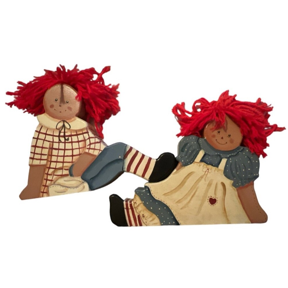 Vintage Raggedy Ann & Andy Wood Book Ends Yarn Hair 7” Pair of 2 Decor Doll RARE